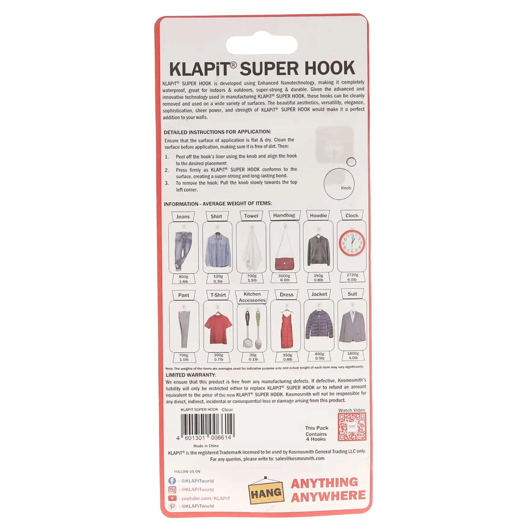 KLAPiT Super Hook Pack at 4 Pc., Clear