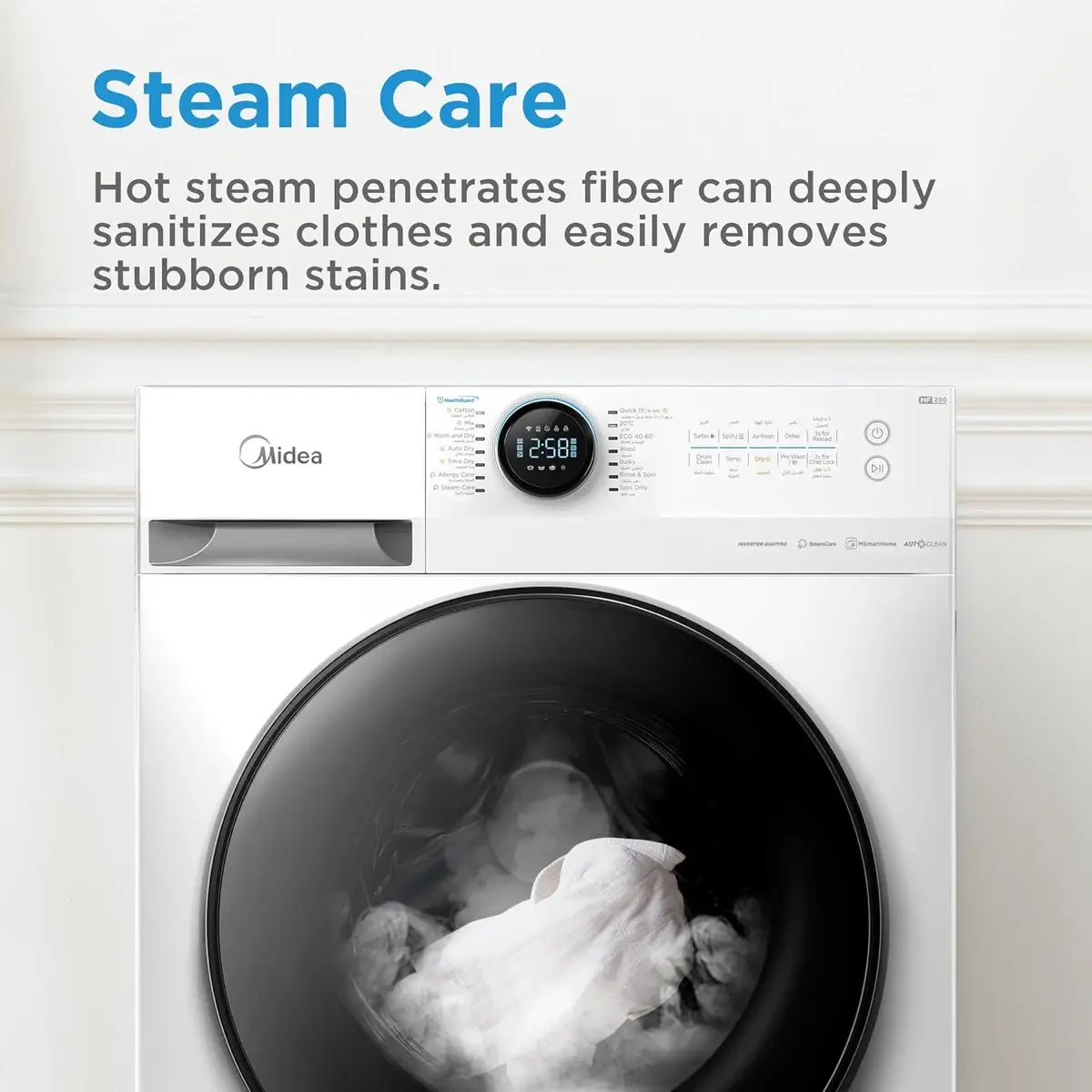 Midea Freestanding 8 Kg Front Load Smart Washer Dryer, MF200D80WBW-GCC (6 Kg Dry, 1400 RPM)