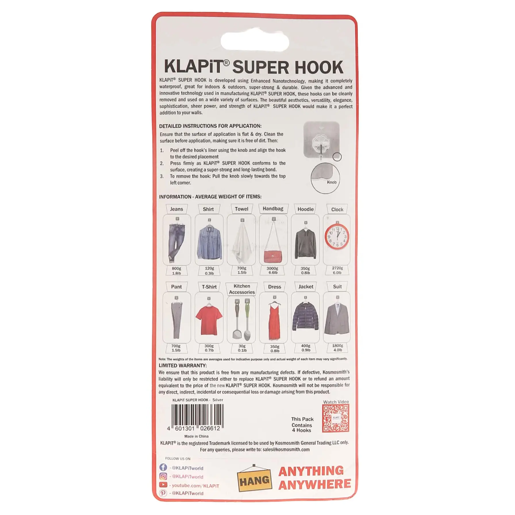 KLAPiT Super Hook Pack at 4 Pc., Silver