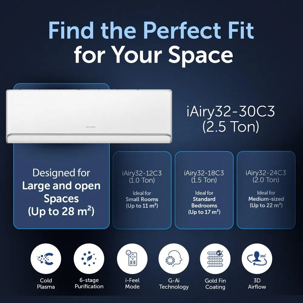 Gree Wi-Fi Enabled Split Air Conditioner, R32 iAiry32-30C3 (2.5 Ton)
