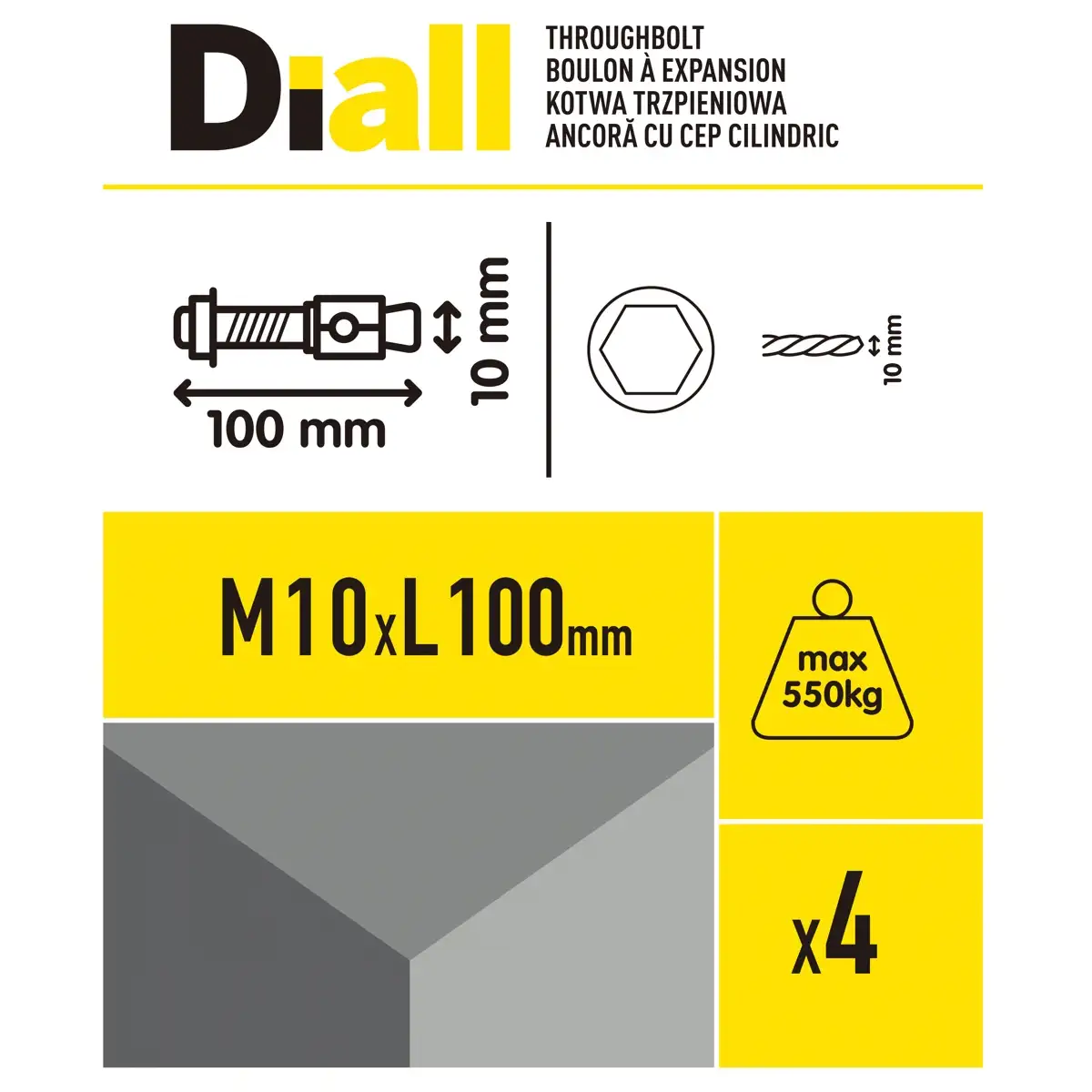 Diall Steel Through Bolt, Nut & Washer Pack (Dia. 1 x L. 10 cm, 4 Pc.)