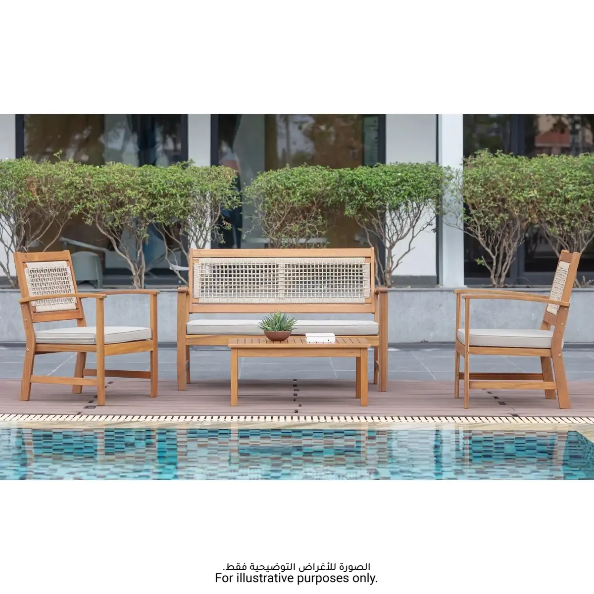 Rope Weaving Acacia Wood 4-Seater Outdoor Sofa Set W/Cushions (120.5 x 61 x 81 cm)