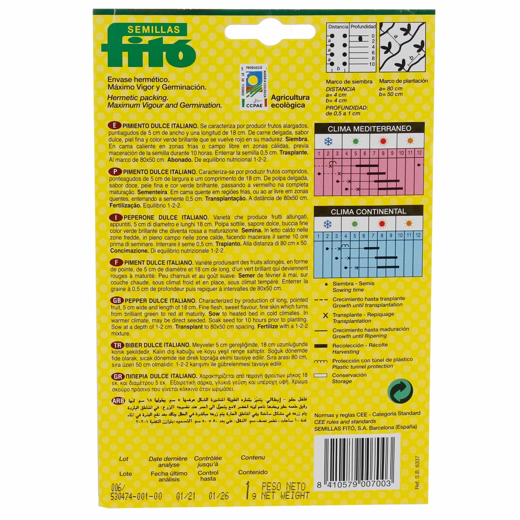 Semillas Fito Organic Italian Sweet Pepper Seed Pack 