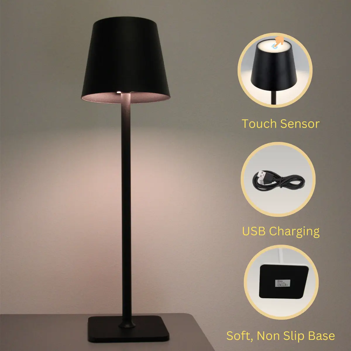 Levin Cordless USB Rechargable Dimmable Table Lamp (Black, 5 W)