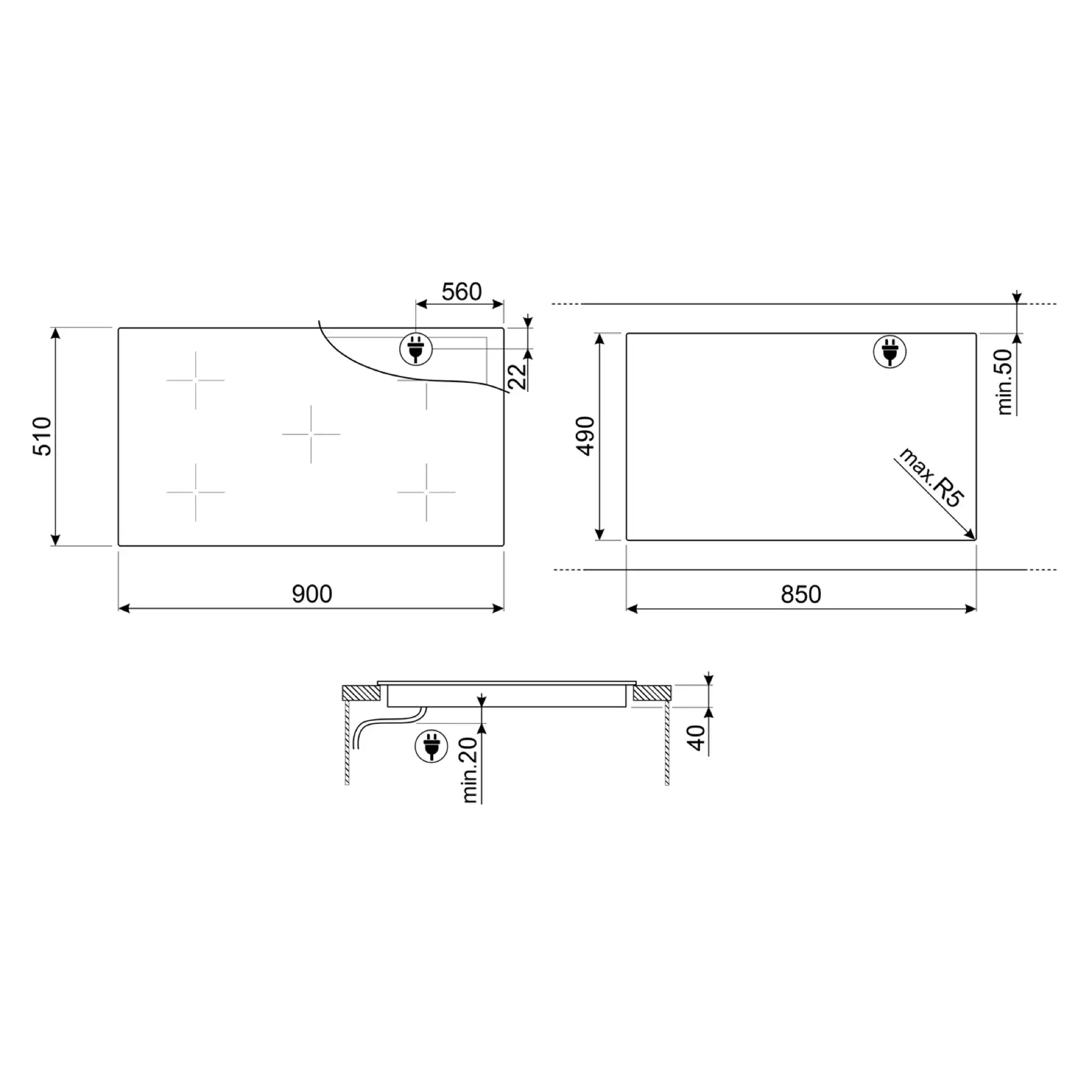 Smeg Universale Aesthetic Built-In 5 Zone Ceramic Electric Hob, SE495ETD (5 x 90 x 51 cm)