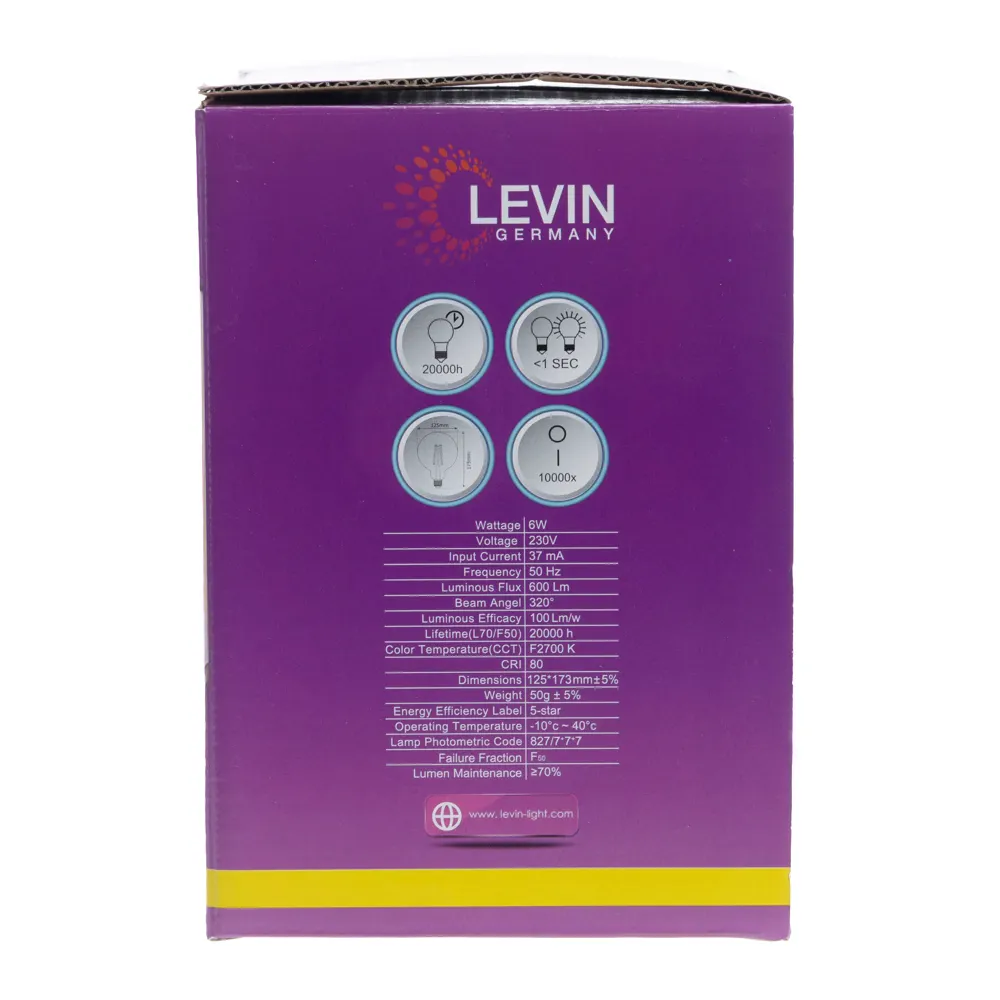 Levin G125 Globe Vintage LED Filament Bulb (6W, Amber)