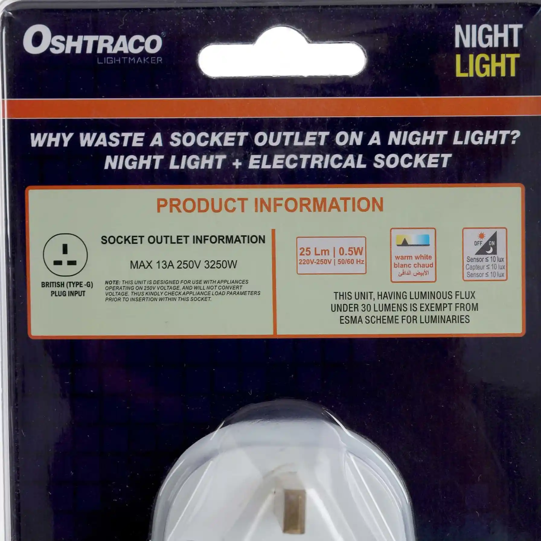 Oshtraco Sensored Night Light W/BS Plug Socket, NL-9791 (Warm White)