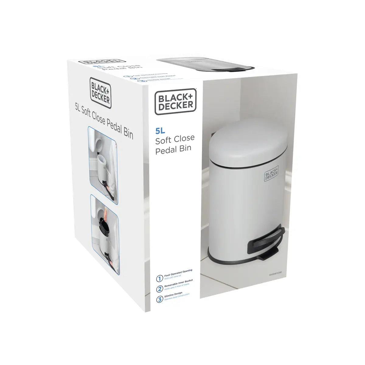 Black+Decker Dome Lid Pedal Bin (24.5 x 24.5 x 32 cm, 5 L, Grey)