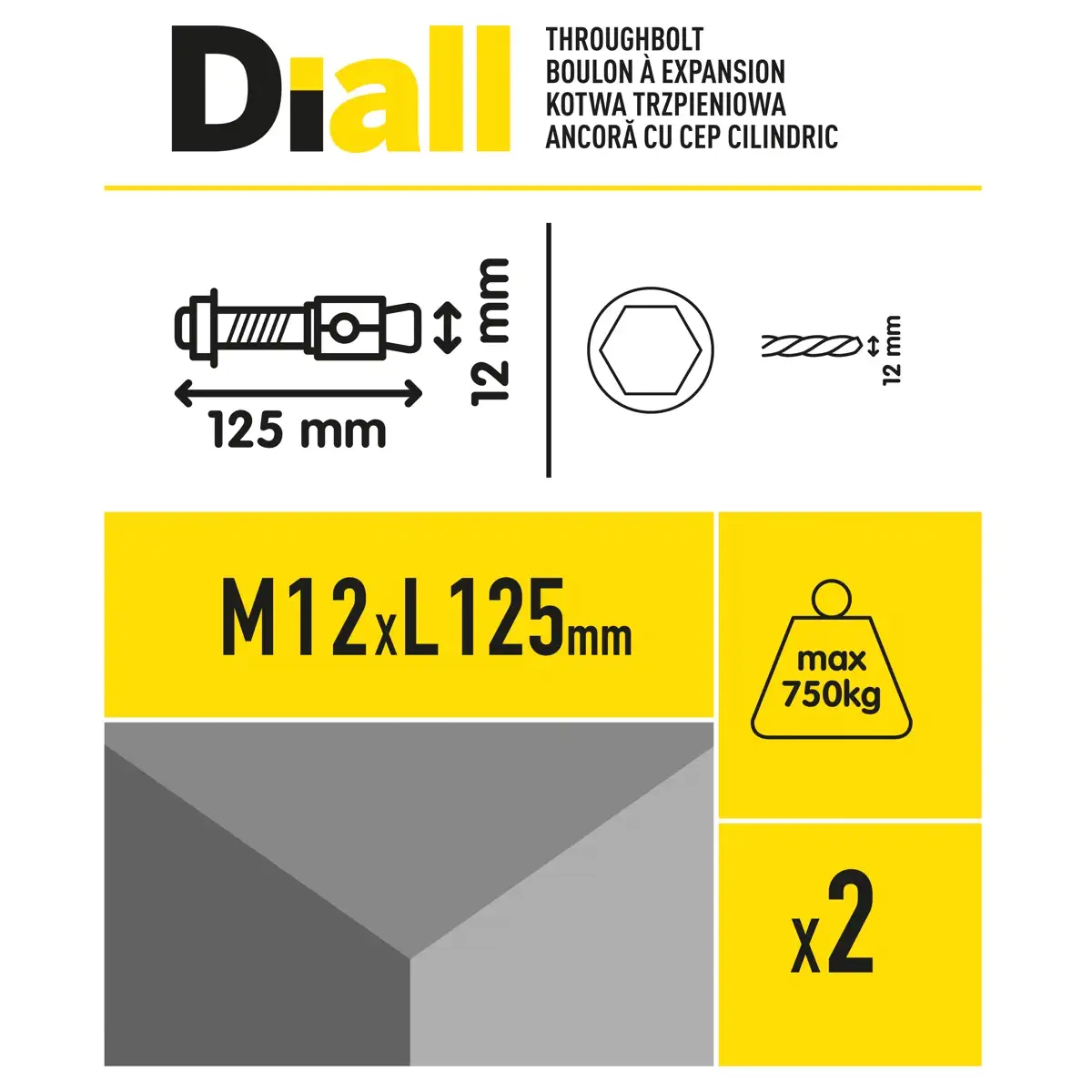 Diall Steel Through Bolt, Nut & Washer Pack (Dia. 1.2 x L. 12.5 cm, 2 Pc.)