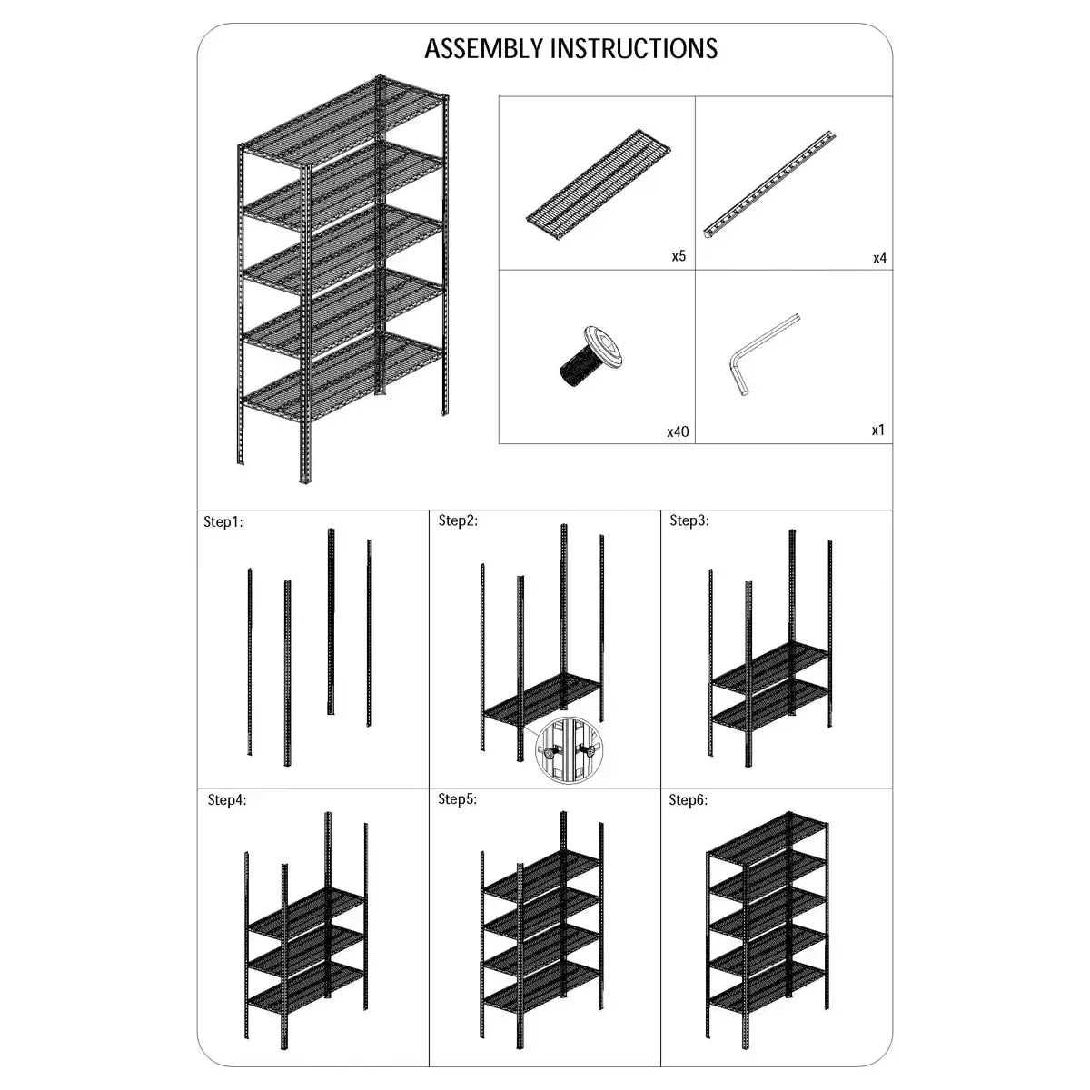 Ace 5-Tier Metal Shelf (Black & Orange, 150 x 60 x 180 cm)