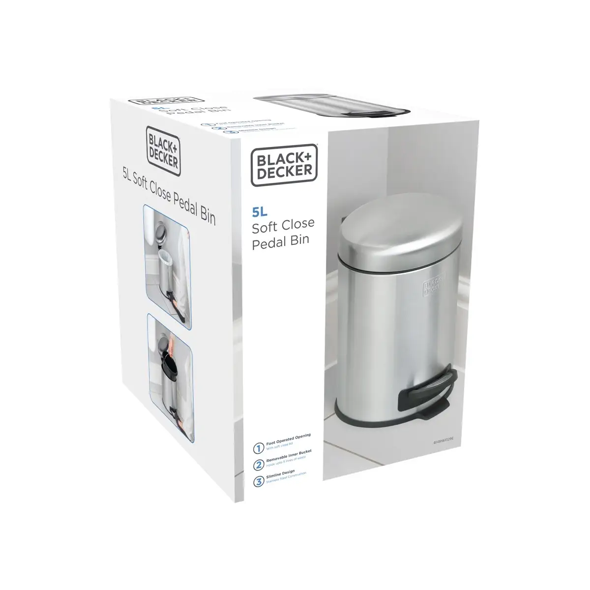 Black+Decker Dome Lid Pedal Bin (24.5 x 24.5 x 32 cm, 5 L, Stainless Steel)