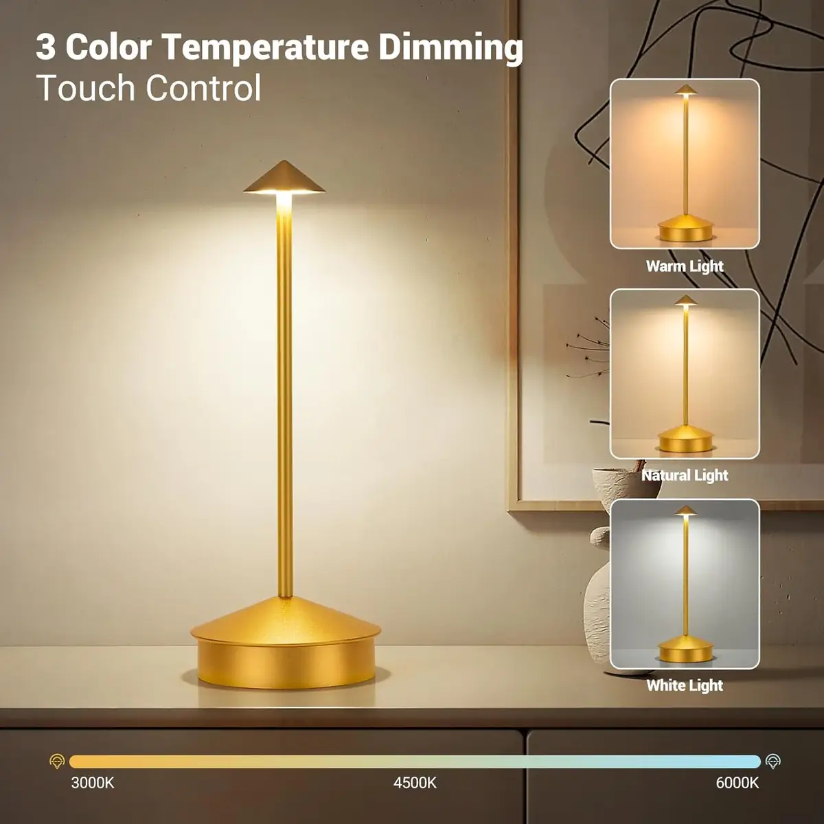 Levin Cordless USB Rechargable Dimmable Table Lamp (Gold, 3 W)