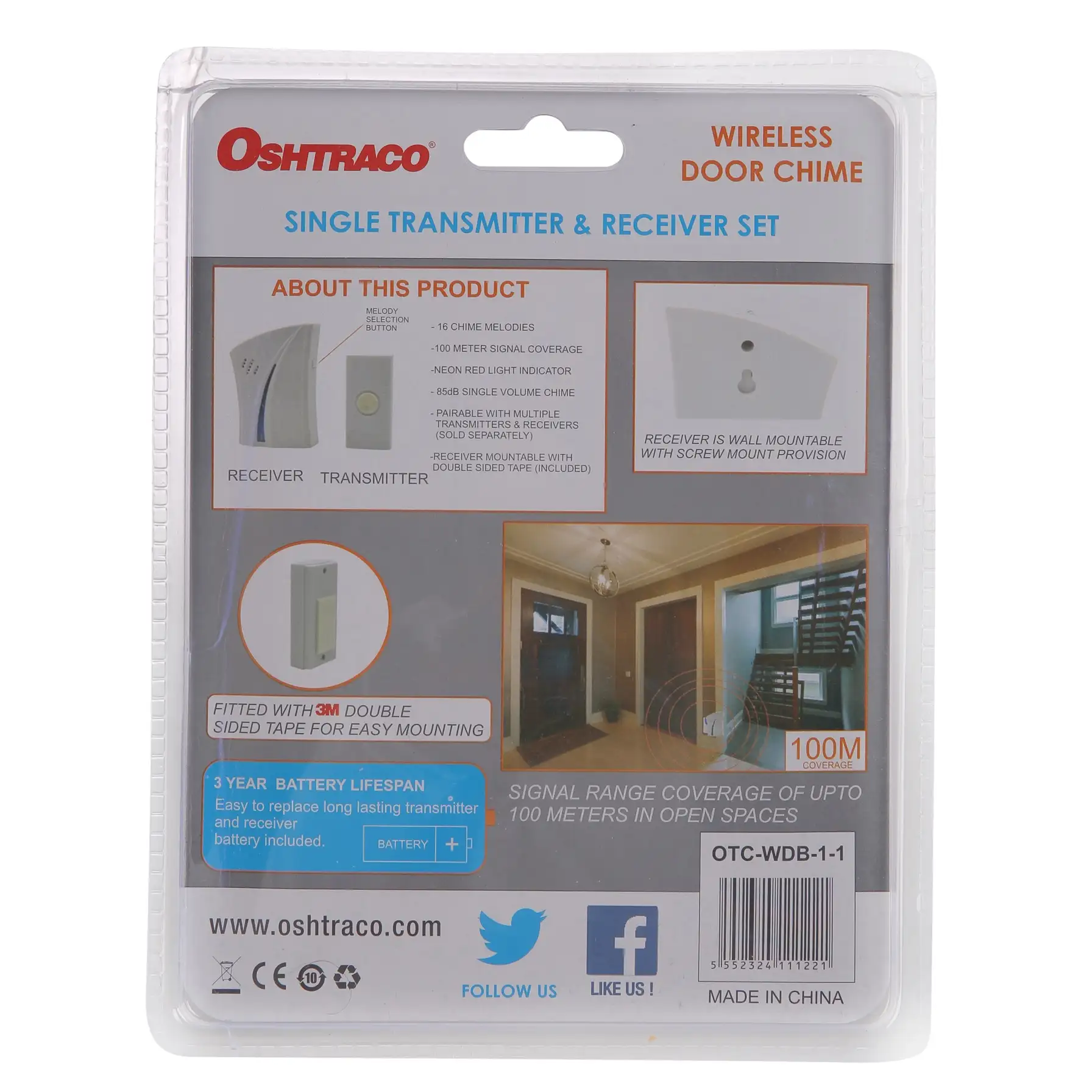 Oshtraco Battery-Operated Door Chime (100 m)