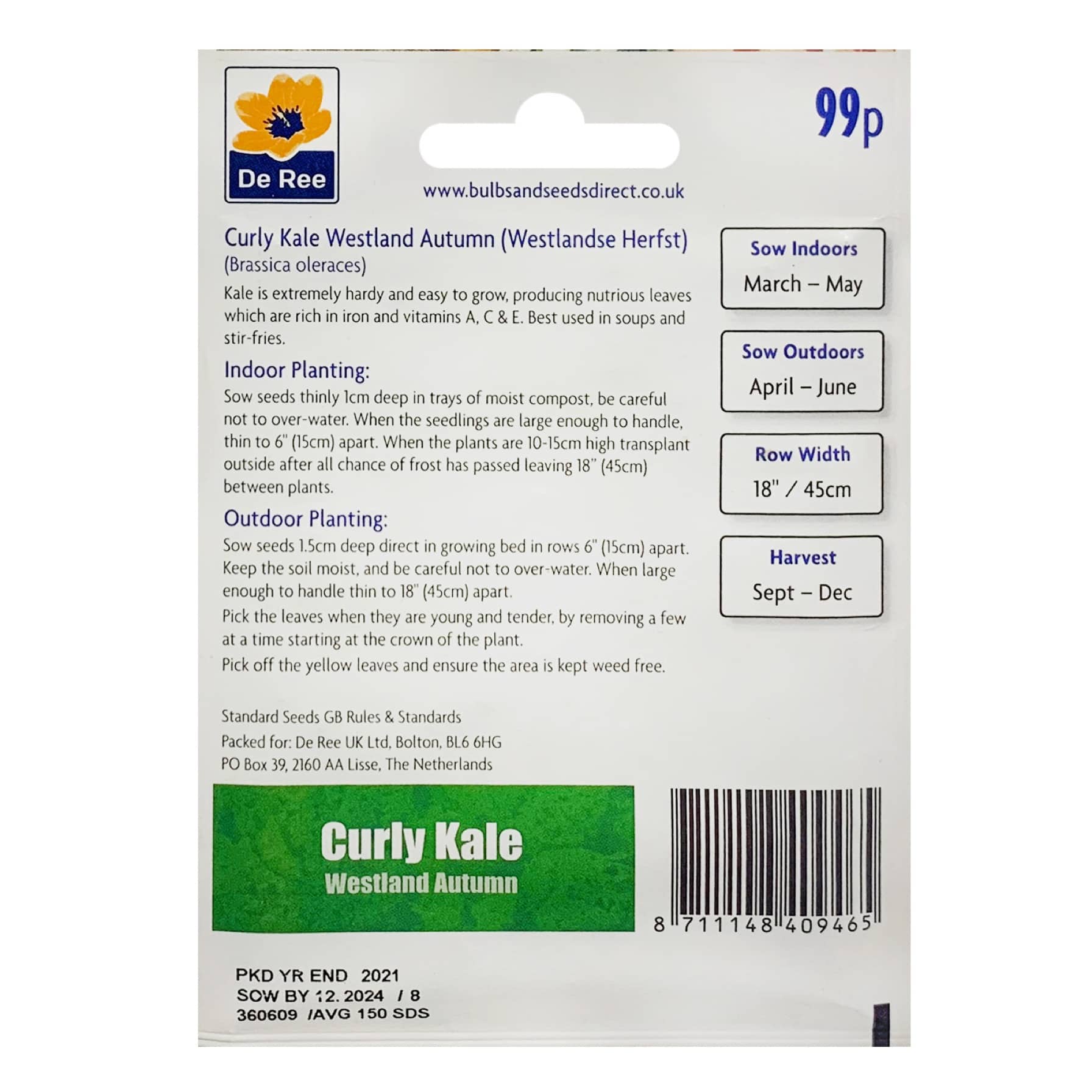 De Ree Curly Kale Westland Autumn Seeds