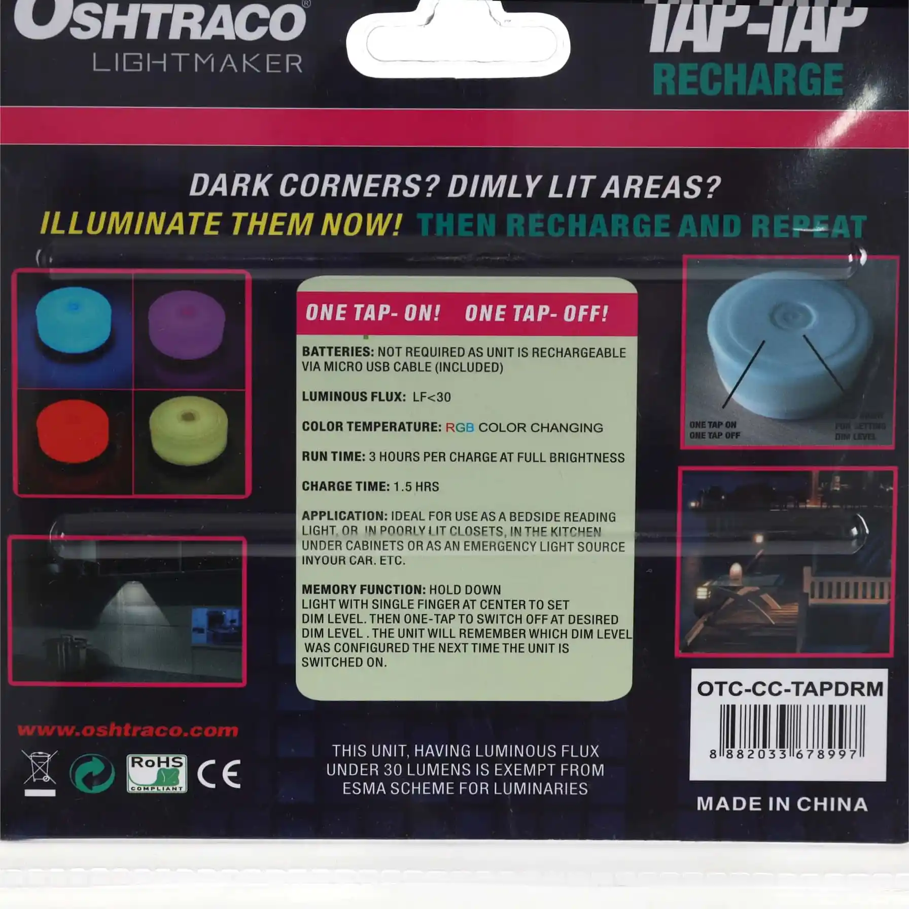 Oshtraco LED Color-Changing RGB Tap Light, OTC-CC-TAPDRM 
