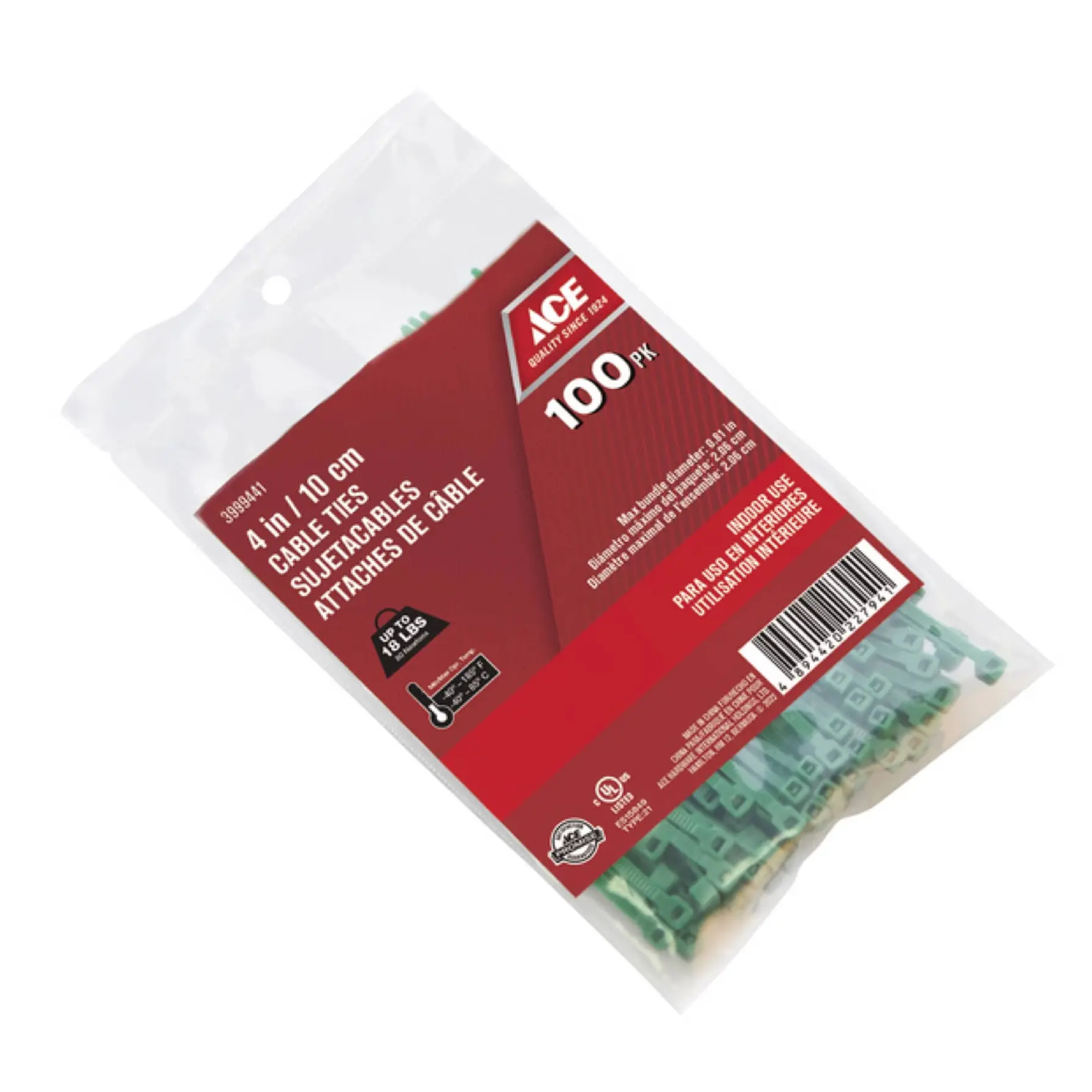 ACE Polypropylene Cable Tie Pack (10.16 cm, 100 Pc., Green)