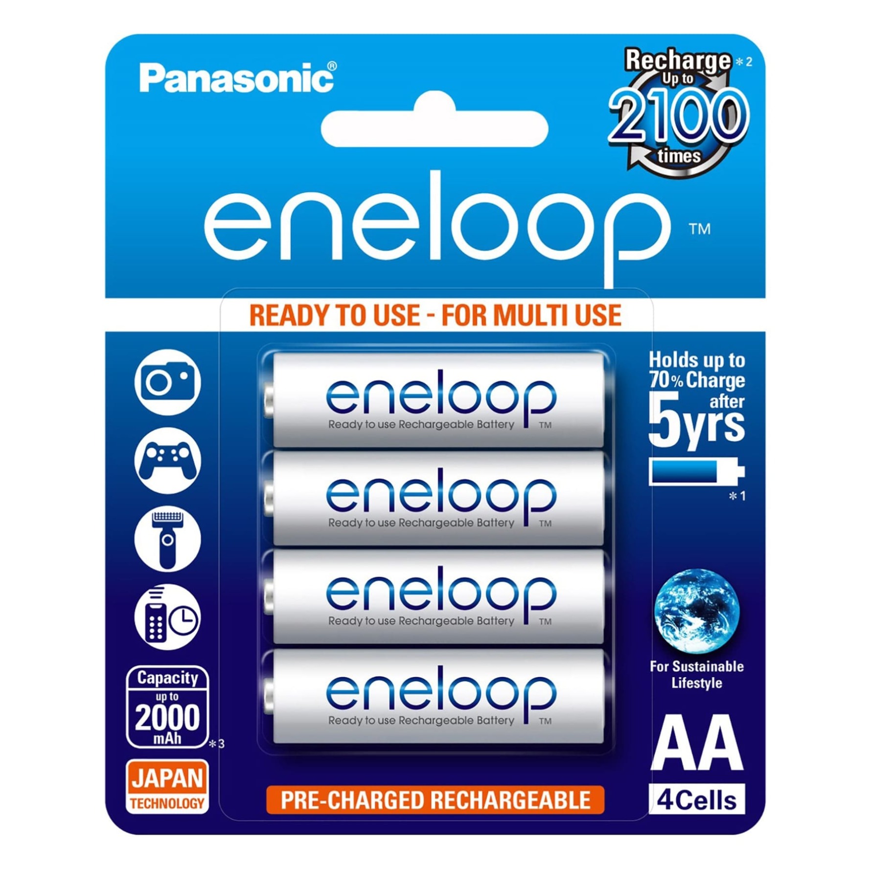 Panasonic eneloop Ni-Mh AA Rechargeable Battery, BK-3MCCE-4BT (2000 mAh, 4 pcs)