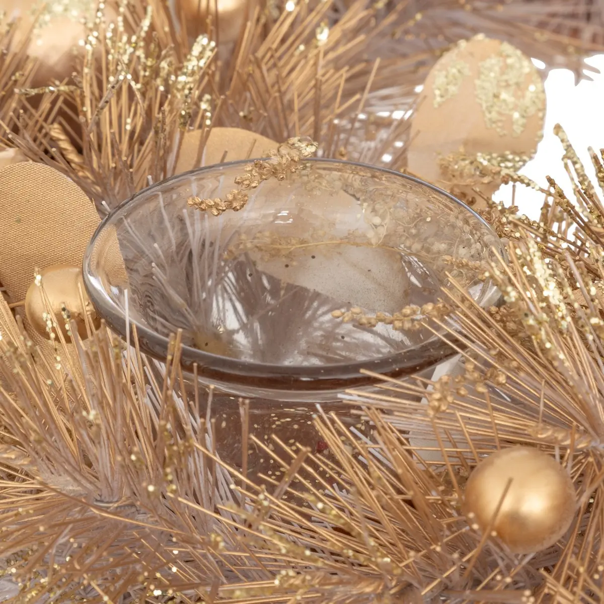 Atmosphera Golden Nature Wreath wiith 4 Glass Candle Holders (1 Pc, 33 x 7 cm)