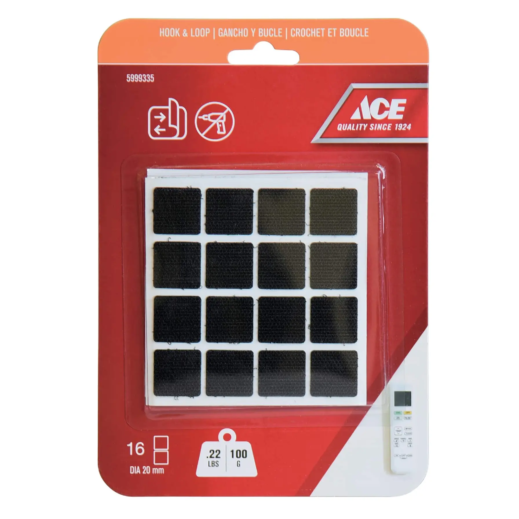 ACE Hook & Loop Mounting Squares (16 Pairs, 2 x 2 cm, Black)