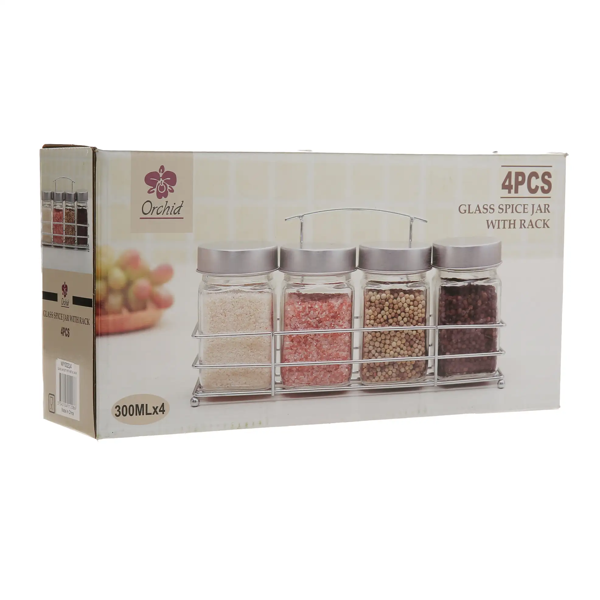 Orchid Glass Spice Jar Set W/Metal Rack (4 Pc.)