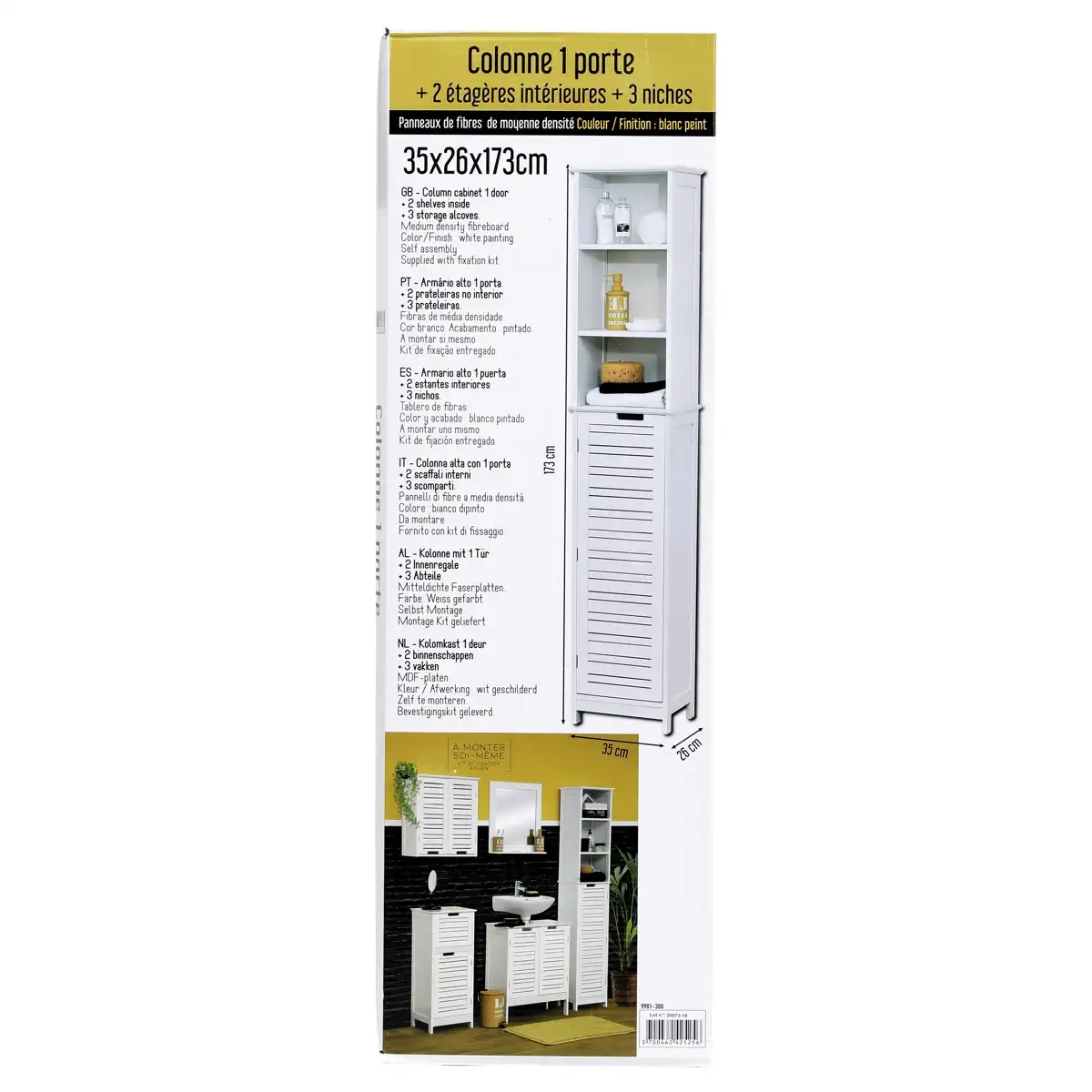 Tendance Miami MDF 1-Door Column Cabinet with 3 Shelves (White, 35 x 26 x 173 cm)