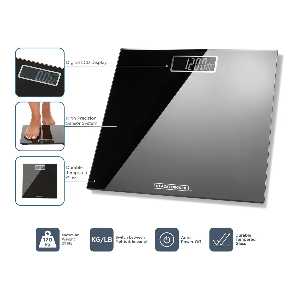 Black+Decker Digital Bathroom Scale (28 x 28 x 2.2 cm, Black)