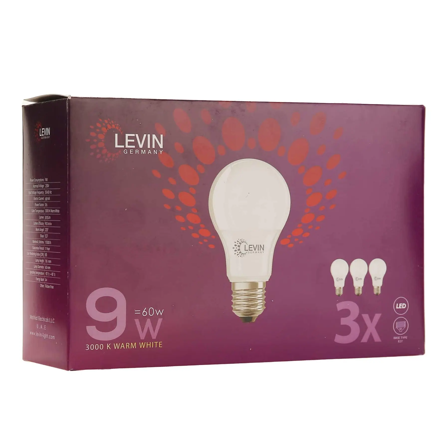 Levin E27 LED A-Type Light Bulb Pack (3 Pc., 9 W, Warm White)