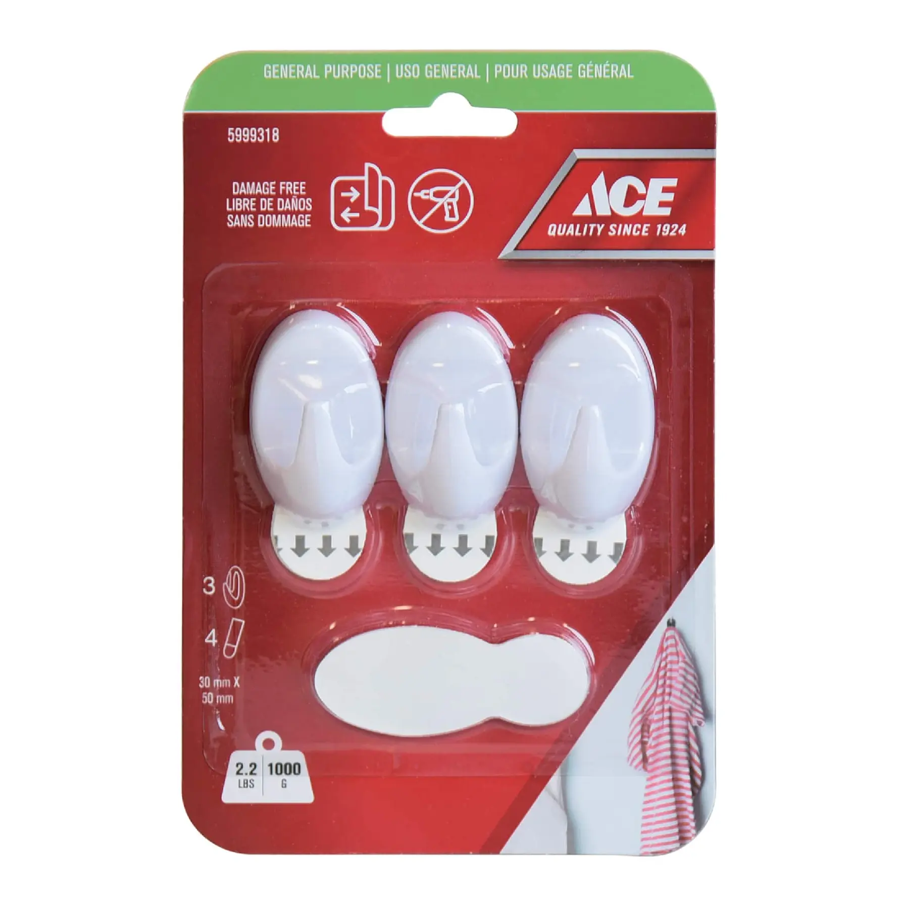 ACE Adhesive Hook Pack (3 Pc., 3 x 5 cm, White)