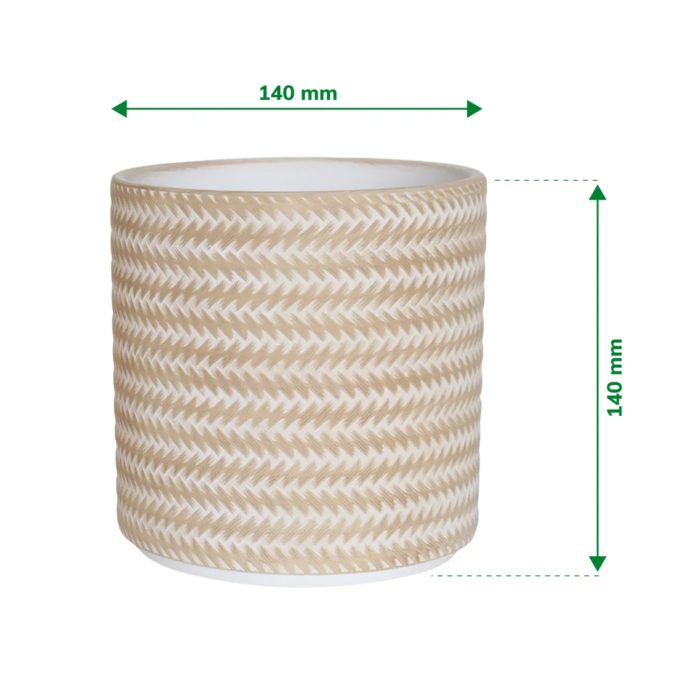 Verve Rattan Finish Cylinder Ceramic Pot (14.5 cm, Beige)