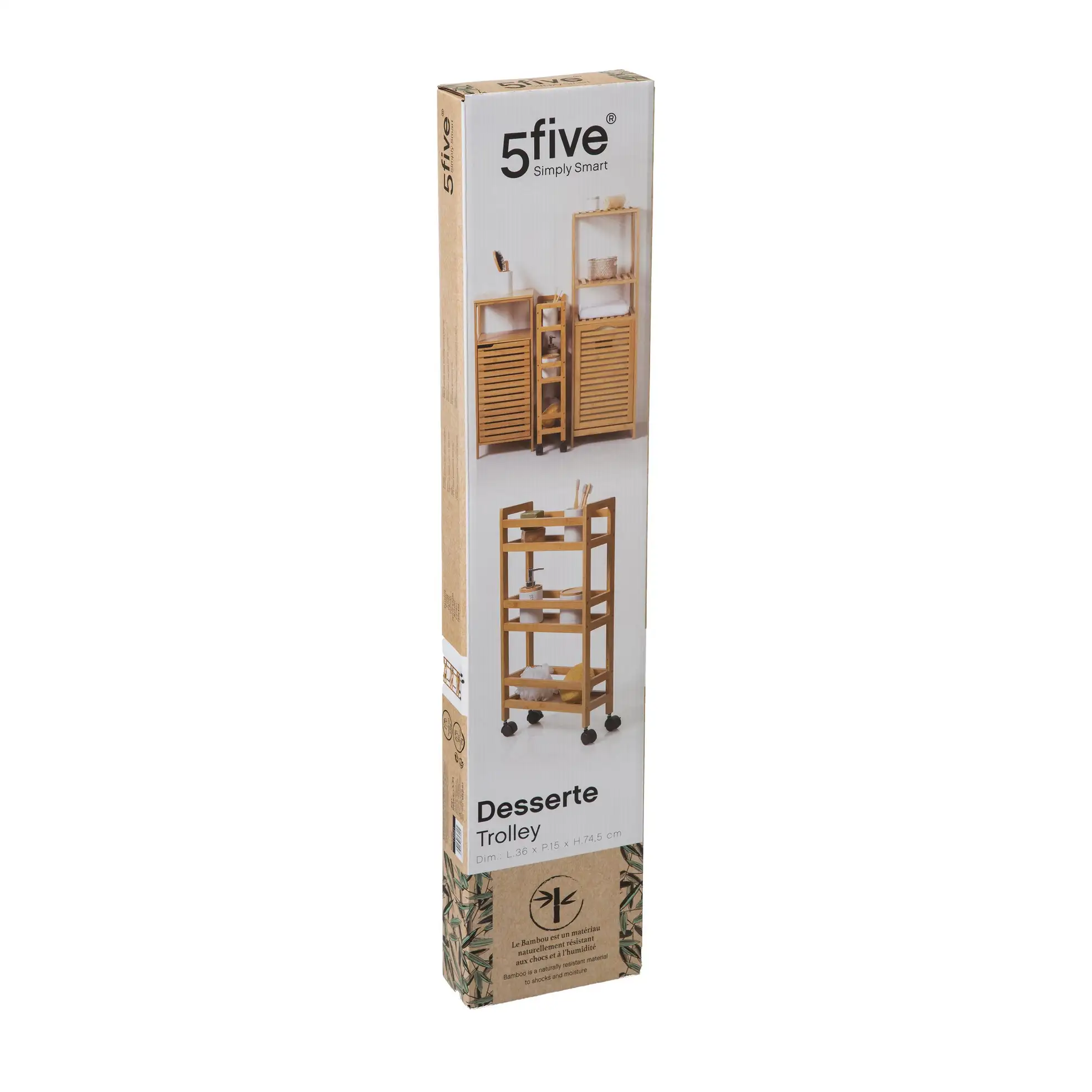 5Five 3-Tier Bamboo Narrow Wheels Trolley (36 x 15 x 74.5 cm)
