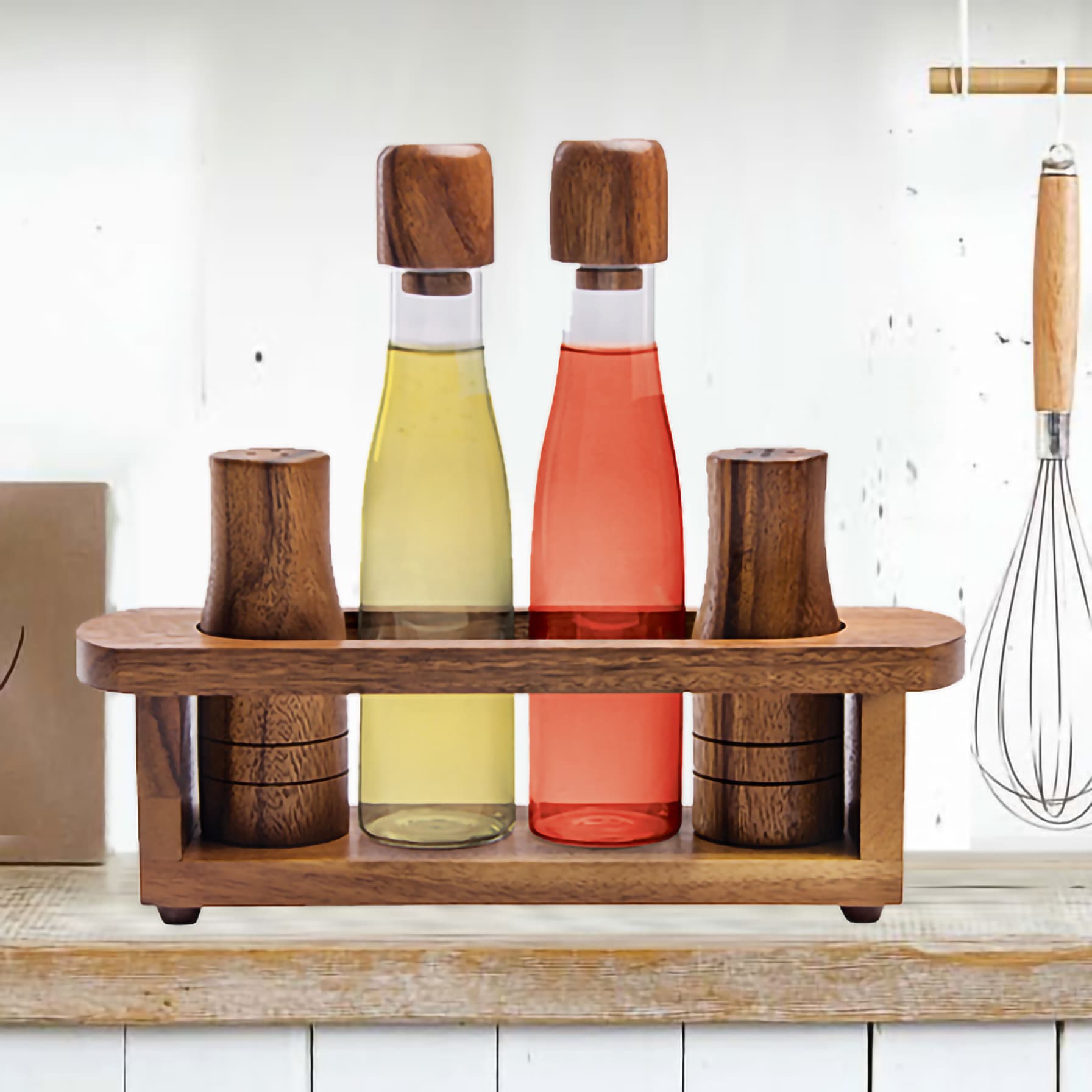 Billi Wooden & Glass Cruet W/ Salt & Pepper Shaker Set
