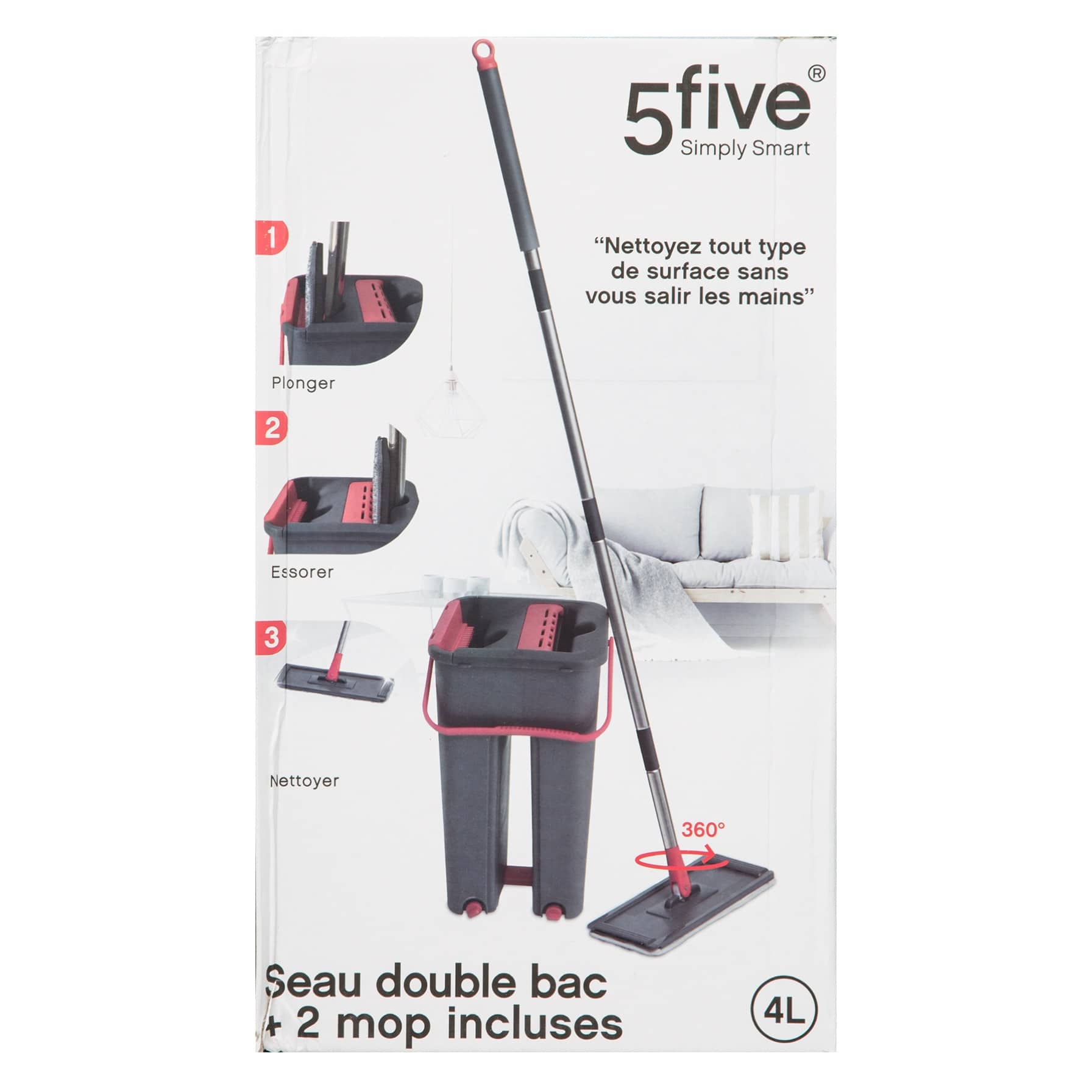 5Five Polyproplyene ABS Bucket W/Mop (4L, 17 x 20.5 x 143 cm) 