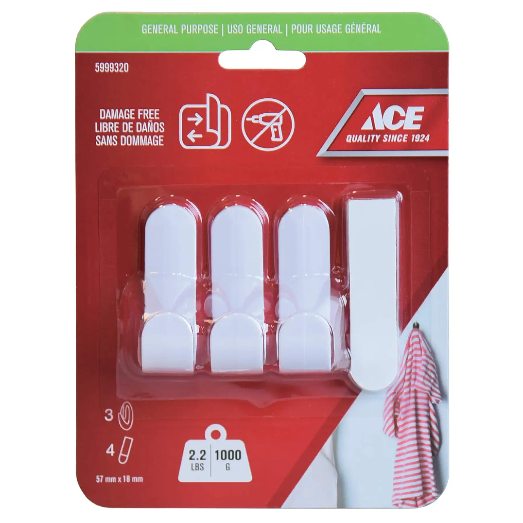 ACE Adhesive Hook Pack (3 Pc., 1.8 x 5.7 cm, White)