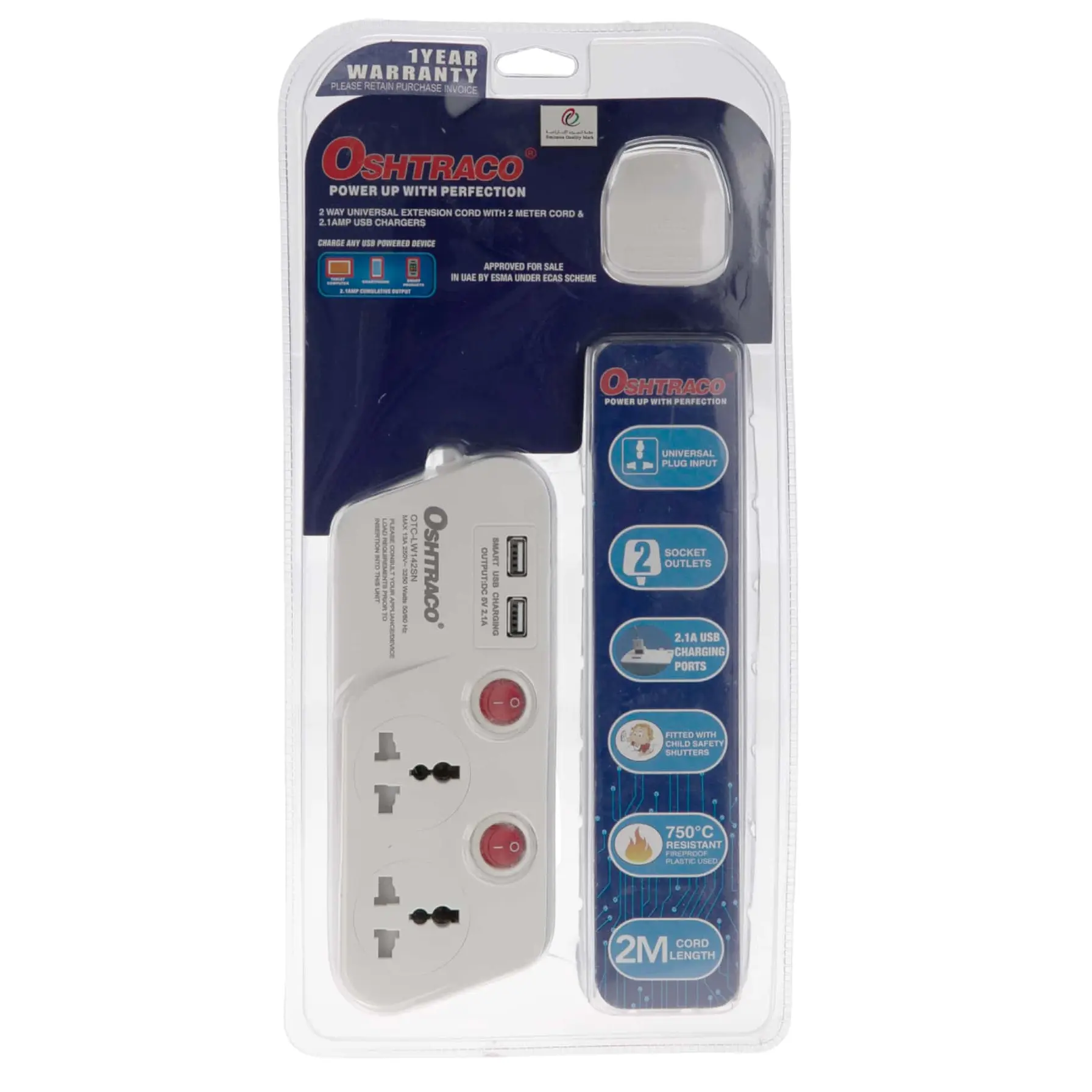 Oshtraco 2-Way Switched Extension Cord W/2 USB Ports, OTC-LW142SN-2M (2 m)