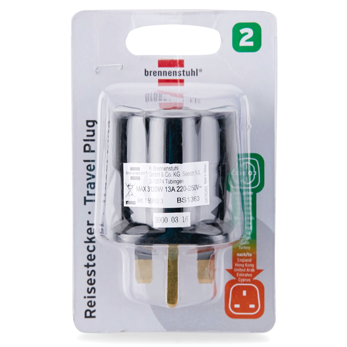 Brennenstuhl 2-Pin to 3-Pin Travel Adaptor (Black)