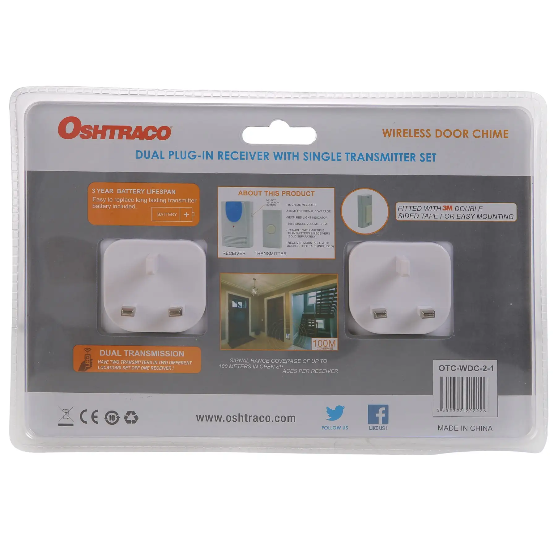 Oshtraco Wireless Dual Receiver Door Chime (100 m)
