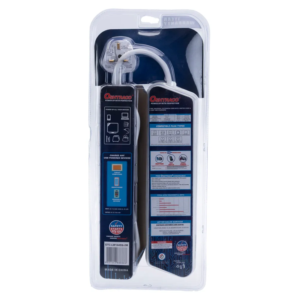 Oshtraco Universal 4-Socket Extension Cord W/USB Port (2 m)