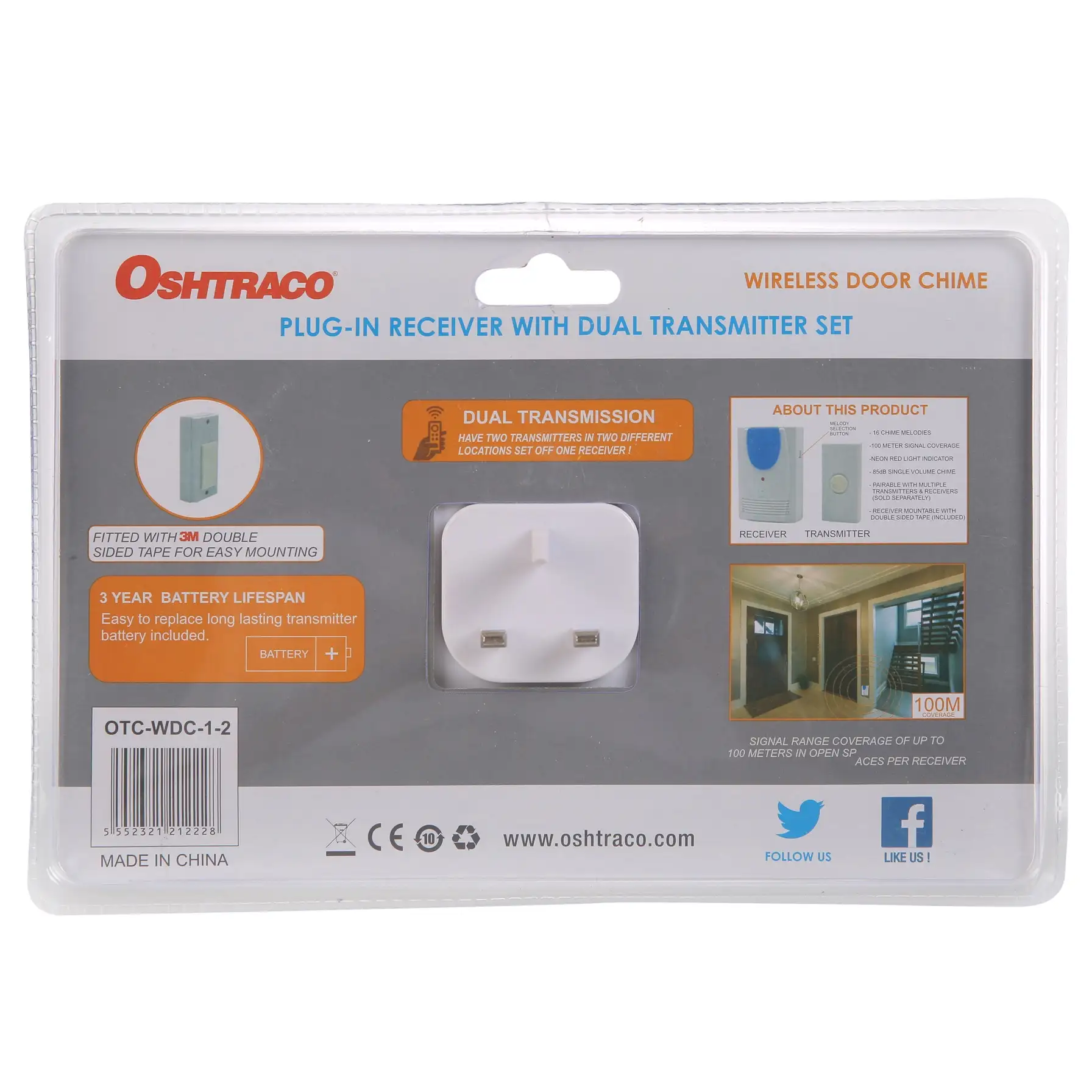 Oshtraco Wireless Dual Transmitter Door Chime (100 m)